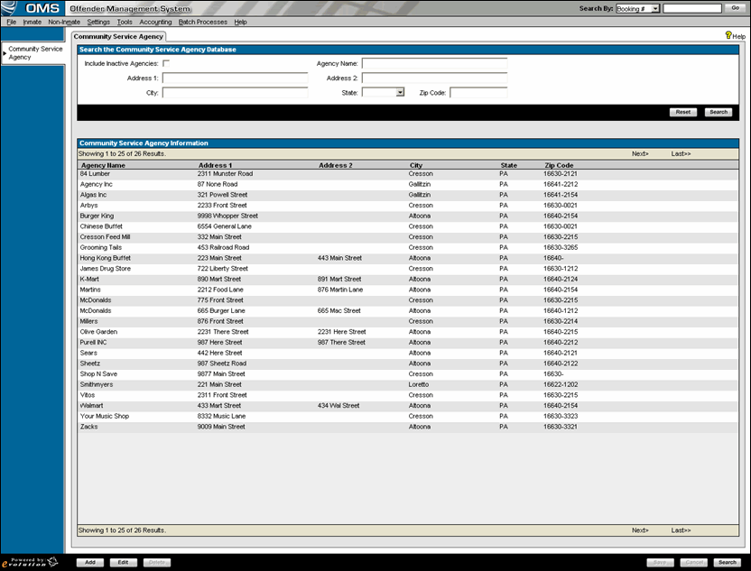 Community Service Agency screen